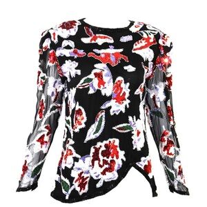 Vintage 1980’s Oleg Casi I beaded sequin silk top red/black/purple EVC size‎ S